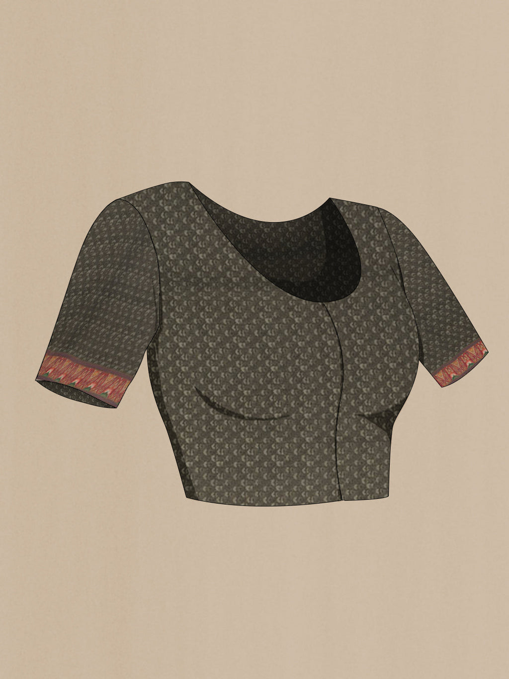 Close up image of the blouse of Grey Mysore Crepe Saree with Printed design on the body and Printed Border. 