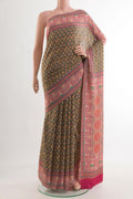 Grey Mysore Crepe Saree with Printed design on the body and Printed Border.  displayed on a mannequin