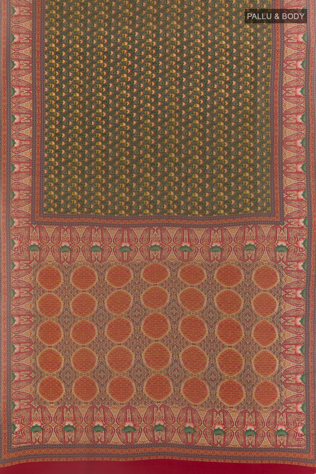 Flat view of Grey Mysore Crepe Saree with Printed design on the body and Printed Border. 