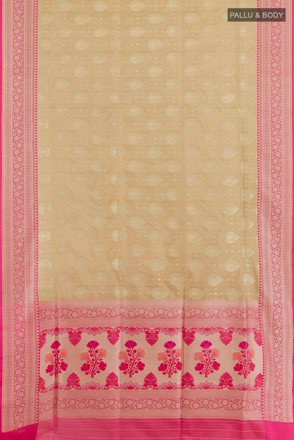 Flat view of Beige Banarasi Silk Saree with Zari Brocade on the body and Zari Border. 