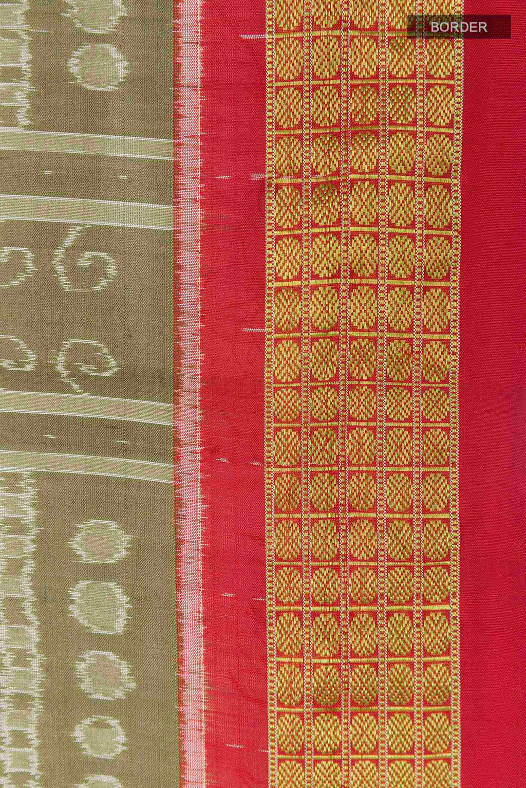 Border image of Olive Green Orissa Silk Saree with Ikat design on the body and Zari Border