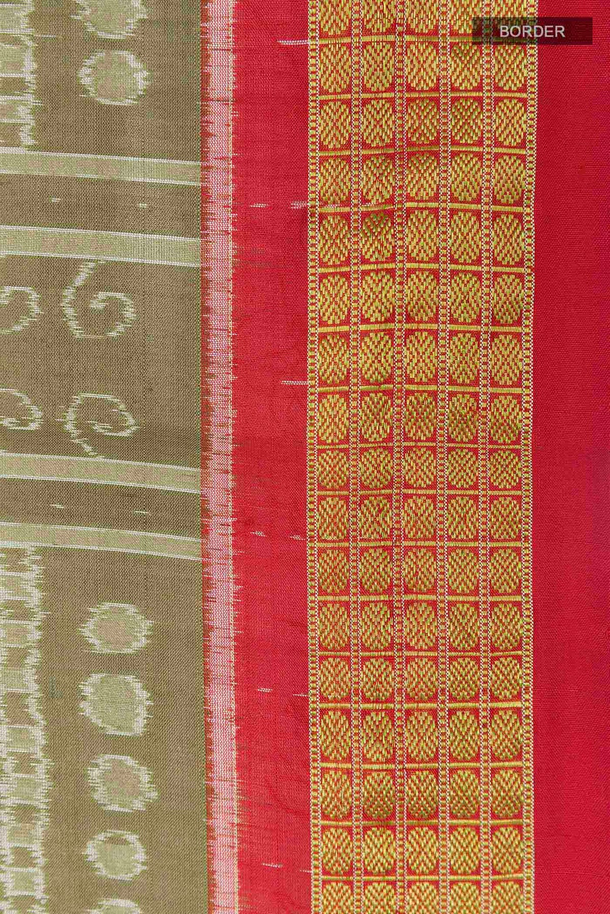 Border image of Olive Green Orissa Silk Saree with Ikat design on the body and Zari Border