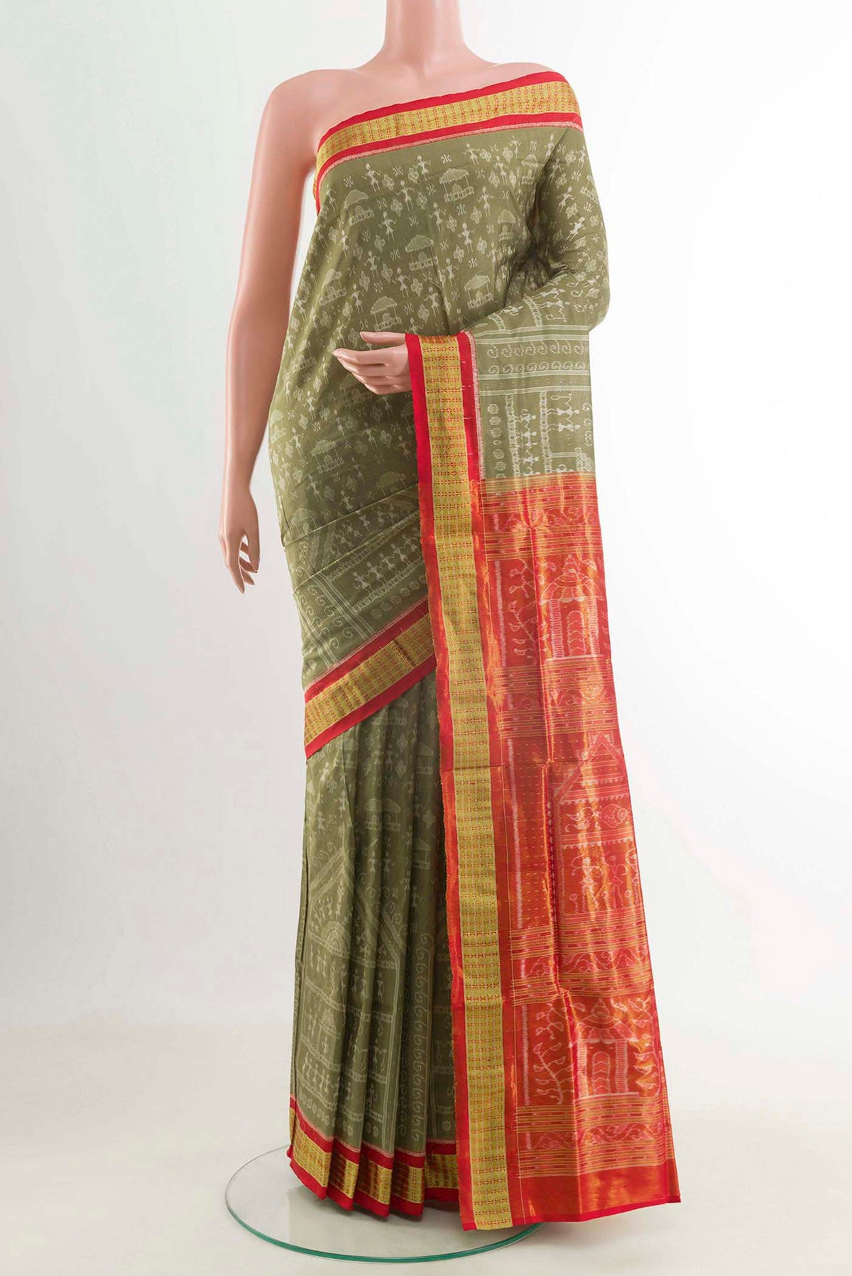 Olive Green Orissa Silk Saree with Ikat design on the body and Zari Border displayed on a mannequin