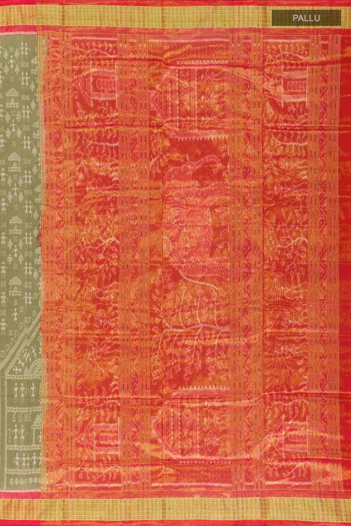 Close up image of the pallu of Olive Green Orissa Silk Saree with Ikat design on the body and Zari Border