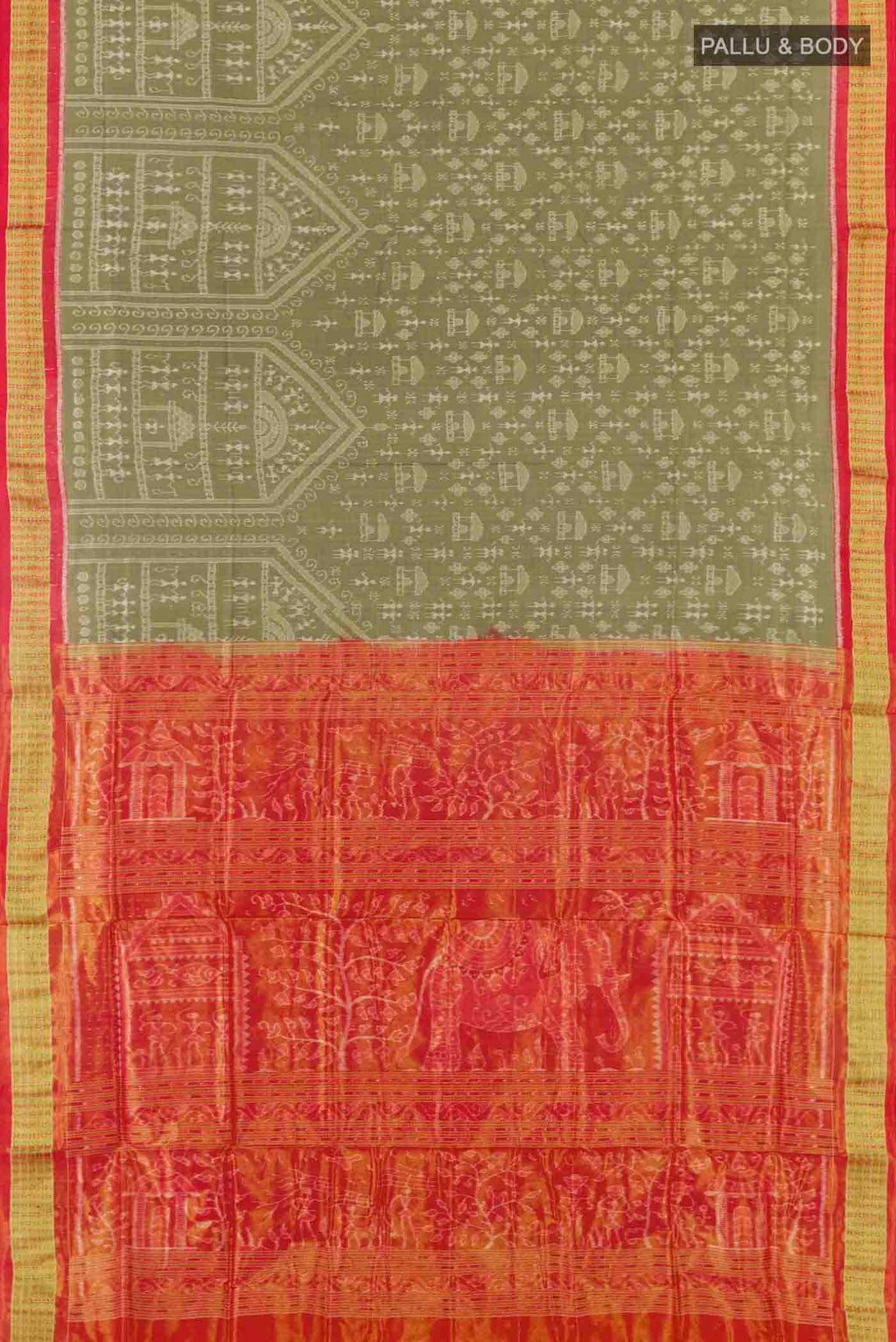 Flat view of Olive Green Orissa Silk Saree with Ikat design on the body and Zari Border
