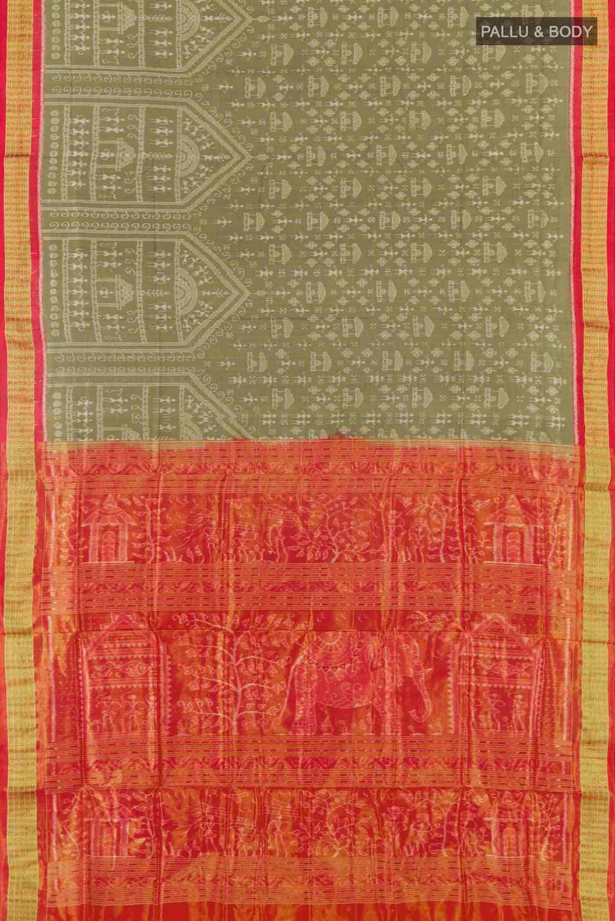 Flat view of Olive Green Orissa Silk Saree with Ikat design on the body and Zari Border