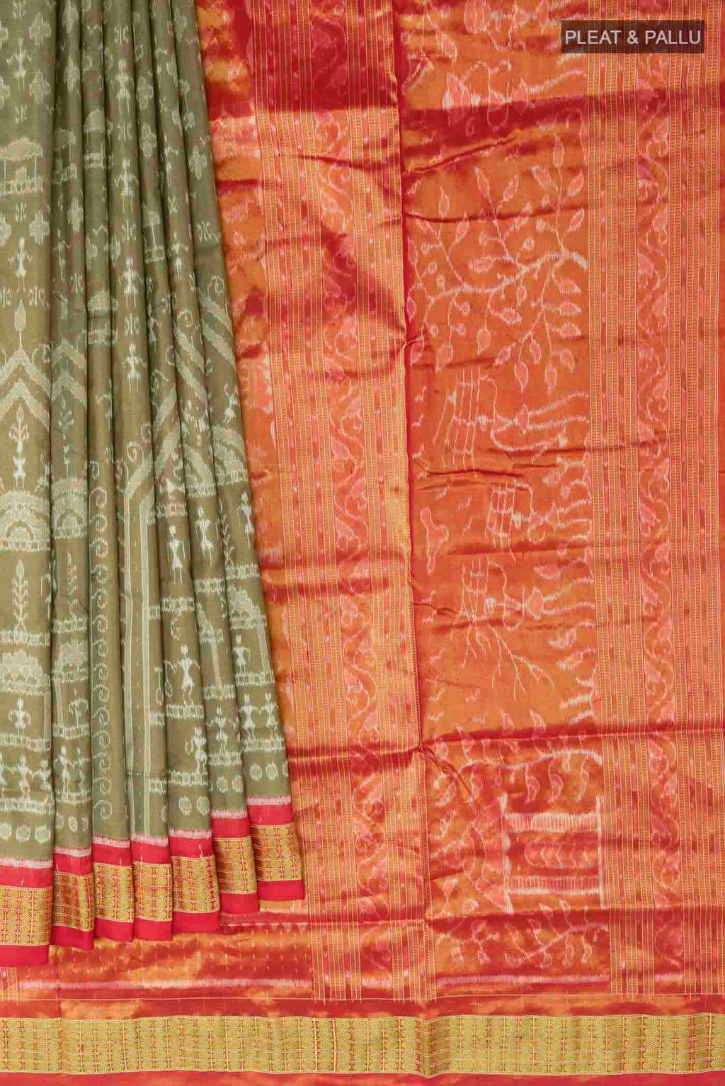 Pleats and pallu of Olive Green Orissa Silk Saree with Ikat design on the body and Zari Border