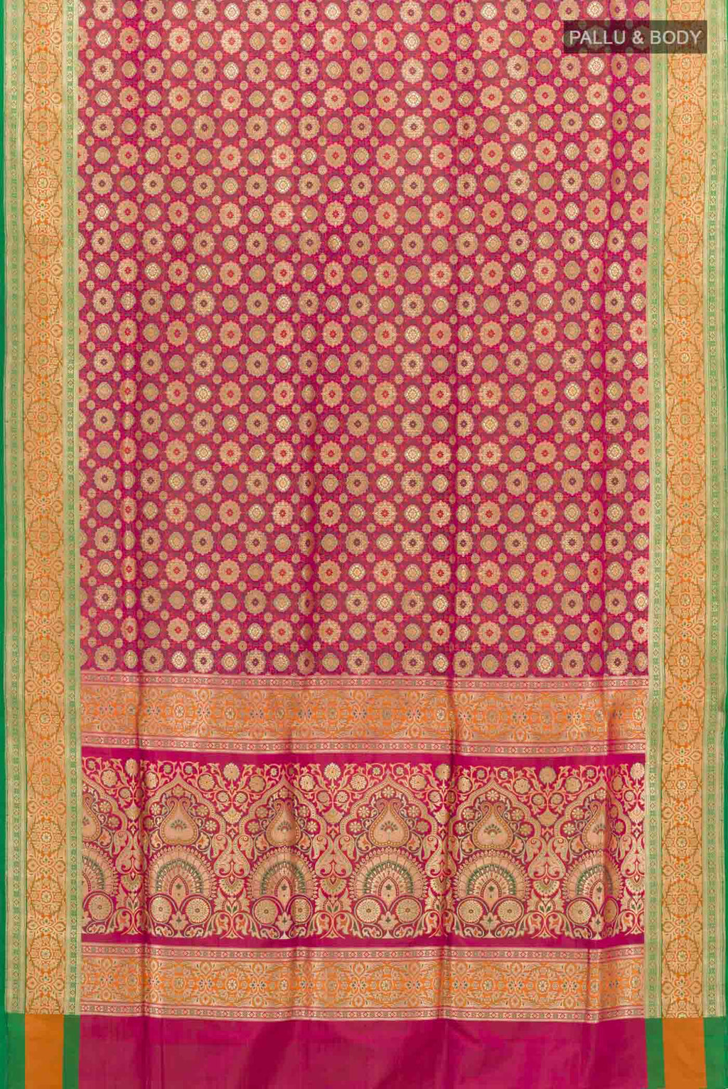 Flat view of Pink Dual Tone Banarasi Tanchoi Silk Saree with Zari Brocade on the body and Zari Border