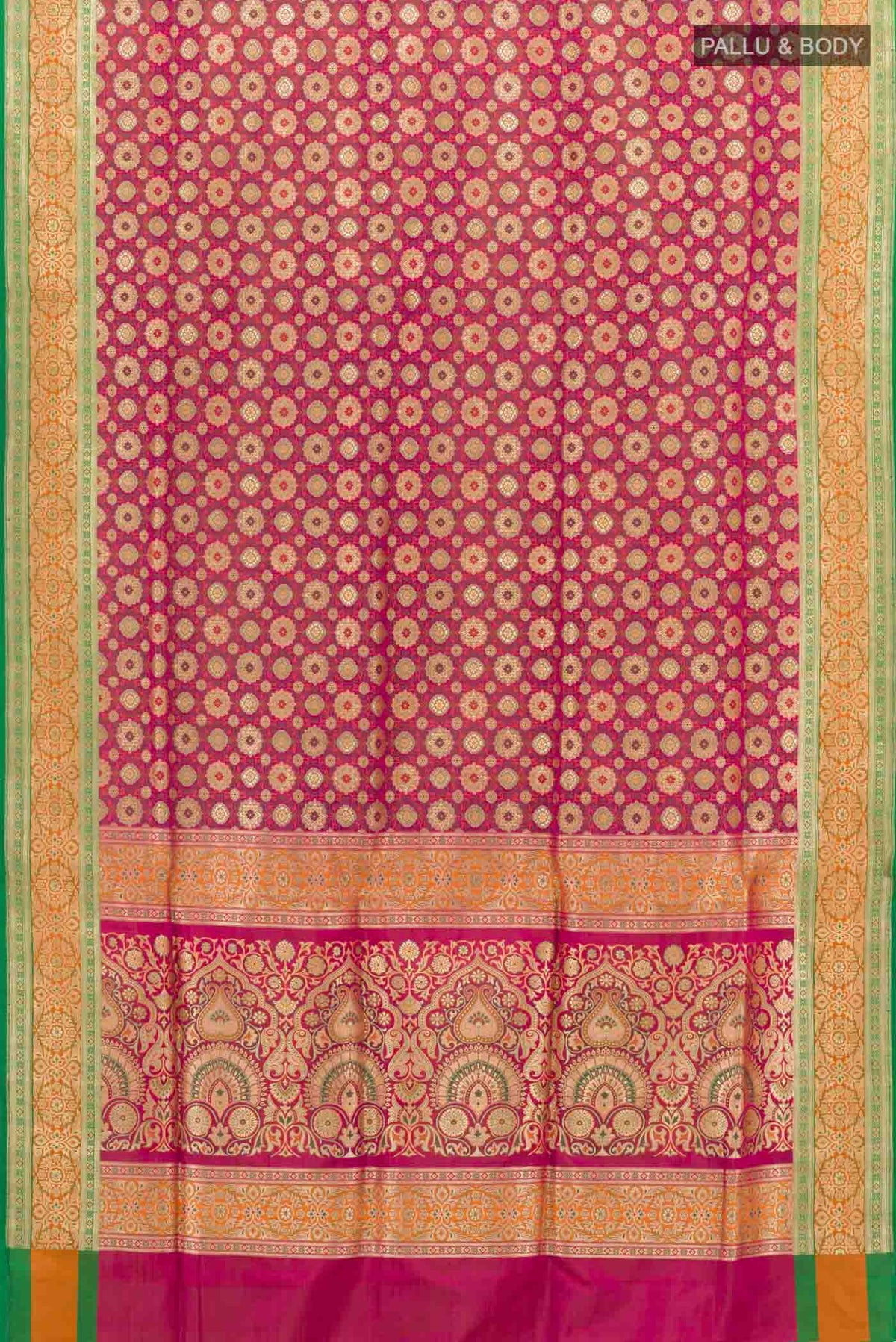 Flat view of Pink Dual Tone Banarasi Tanchoi Silk Saree with Zari Brocade on the body and Zari Border