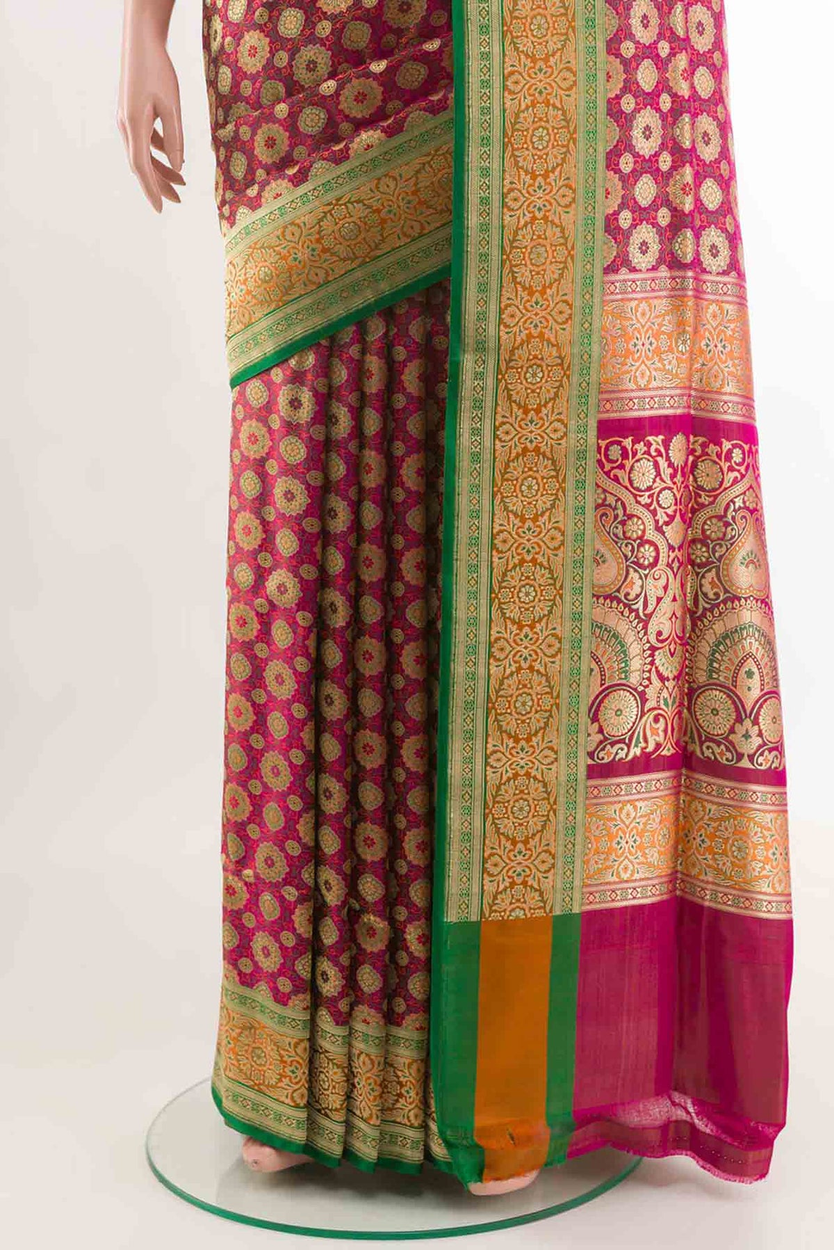 Pleats and pallu of Pink Dual Tone Banarasi Tanchoi Silk Saree with Zari Brocade on the body and Zari Border