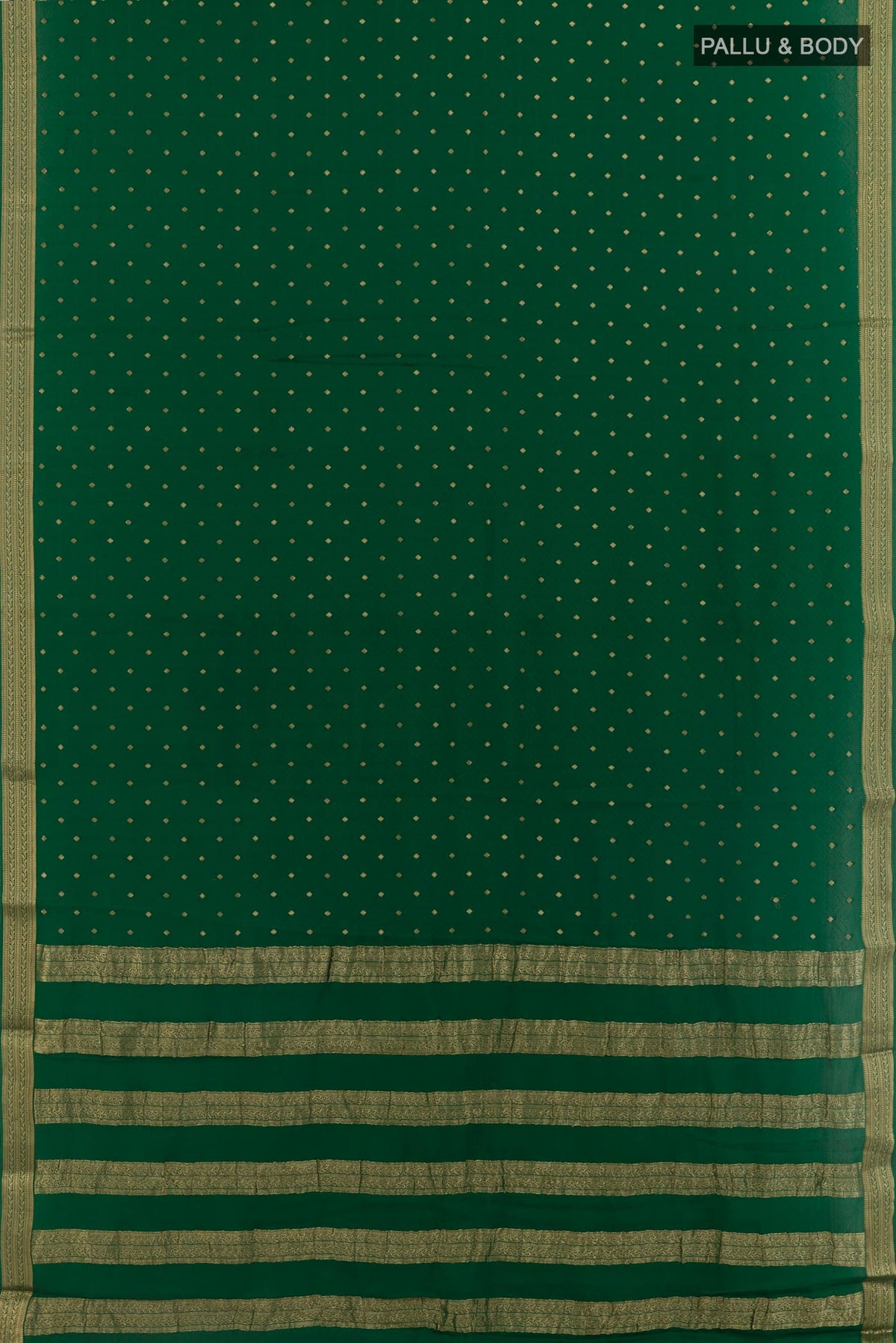 Flat view of Green Mysore Crepe Saree with Zari Butta on the body and Zari Border. 