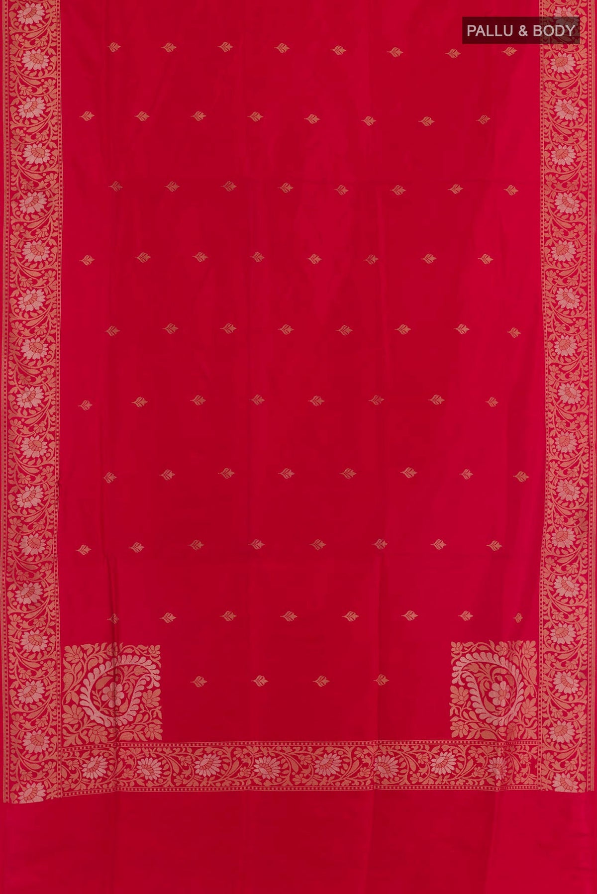 Flat view of Red Banarasi Silk Saree with Zari Butta on the body and Zari Border. 