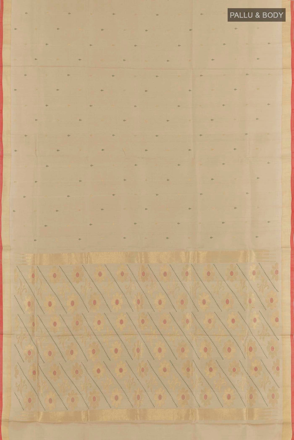 Flat view of Beige Uppada Silk Saree with Zari Butta on the body and Zari Border