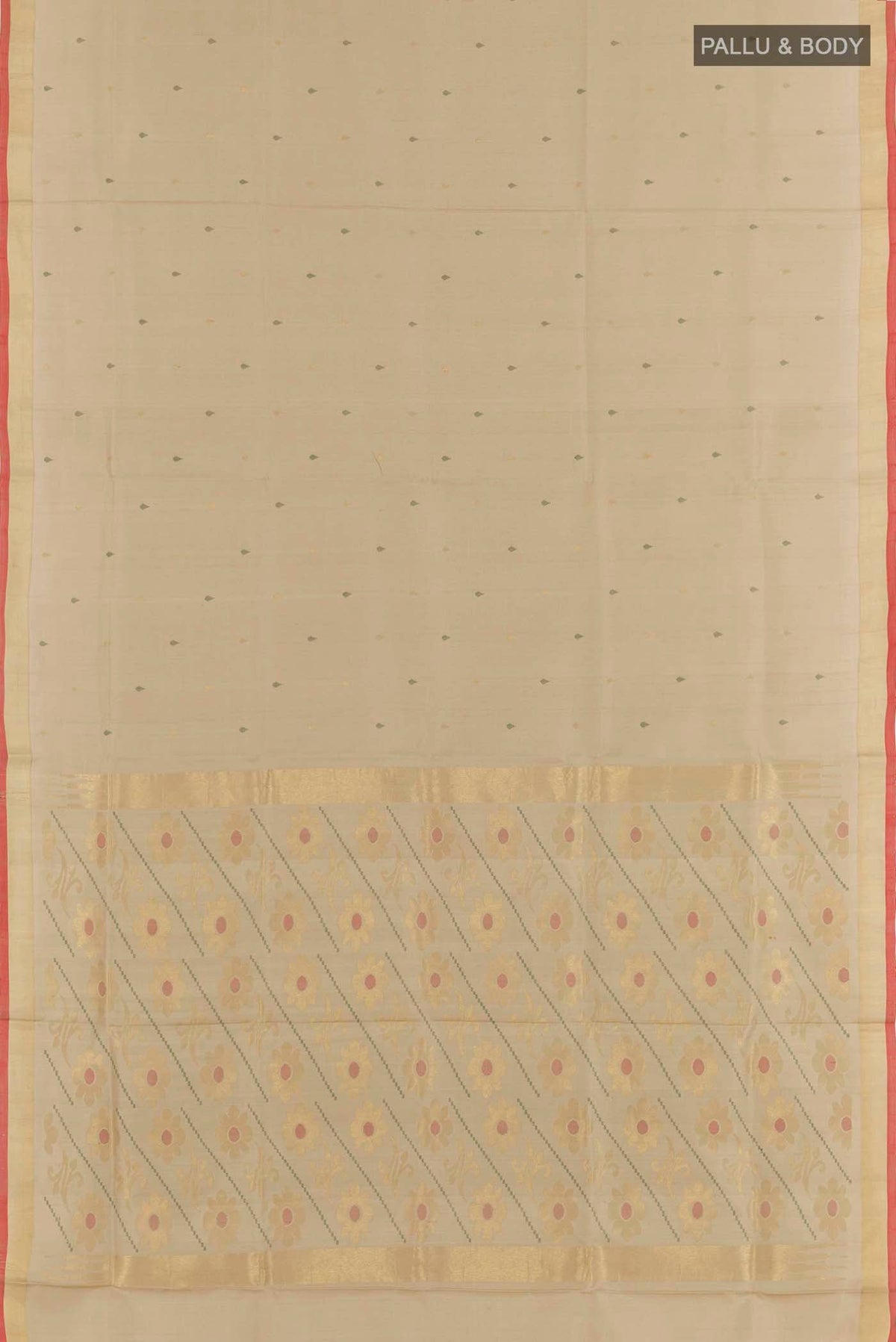 Flat view of Beige Uppada Silk Saree with Zari Butta on the body and Zari Border
