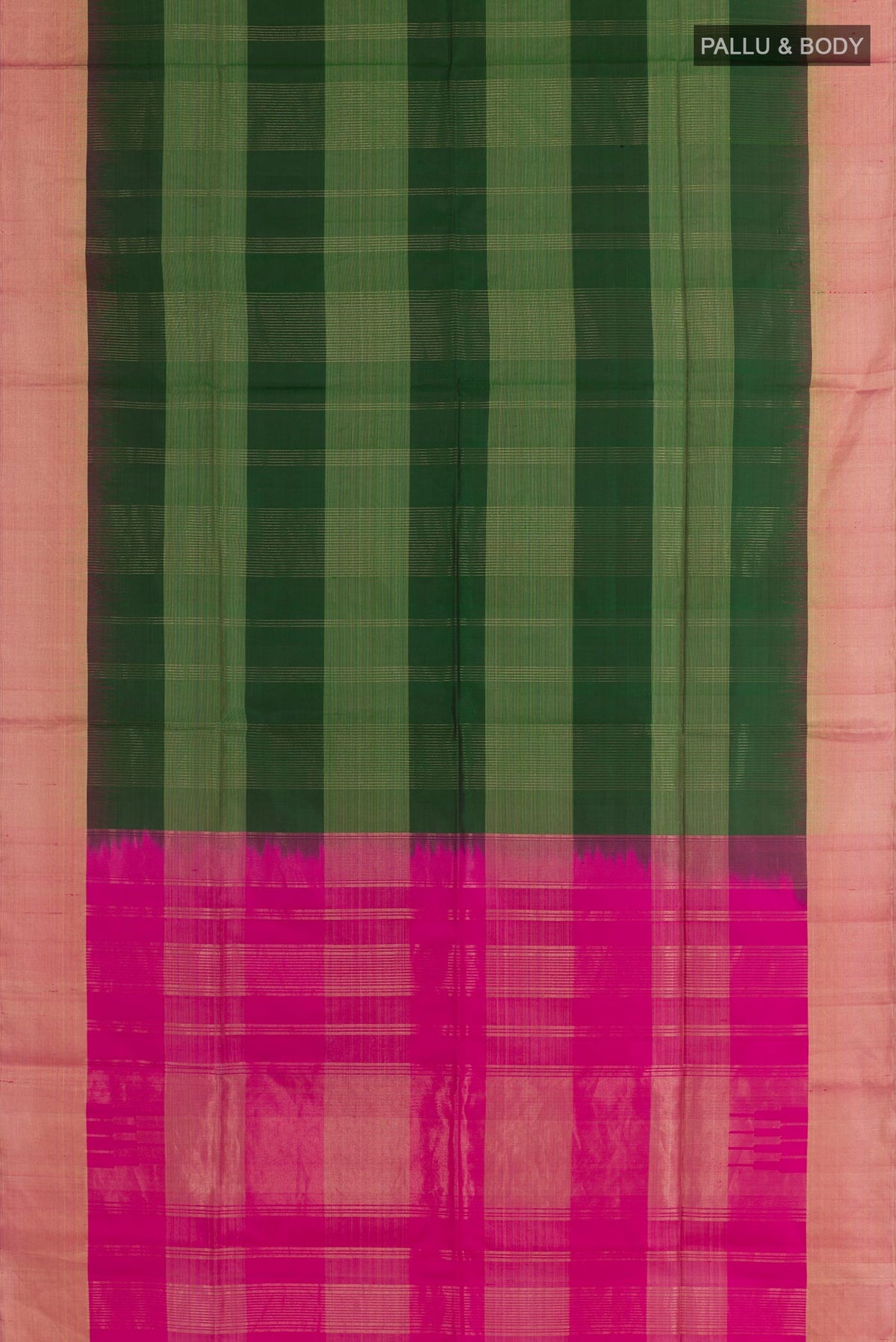 Flat view of Bottle Green Soft Silk Saree with Zari Butta on the body and Zari Border. 