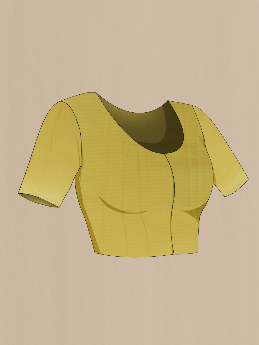Close up image of the blouse of Yellow Mysore Chiffon Saree with Embroidery on the body and Zari Border. 
