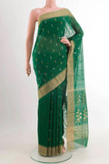 Green Chanderi Silk Cotton Saree with Zari Butta on the body and Zari Border displayed on a mannequin
