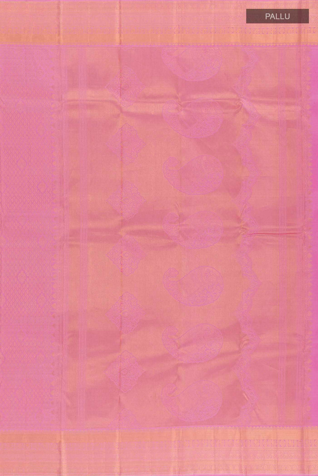 Close up image of the pallu of Pure Silk Pure Zari Pink Kanchipuram Saree with Zari Brocade on the body and Zari Border