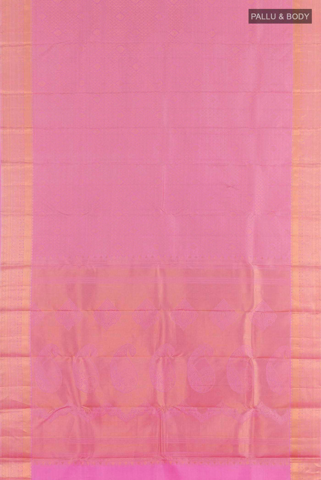 Flat view of Pure Silk Pure Zari Pink Kanchipuram Saree with Zari Brocade on the body and Zari Border