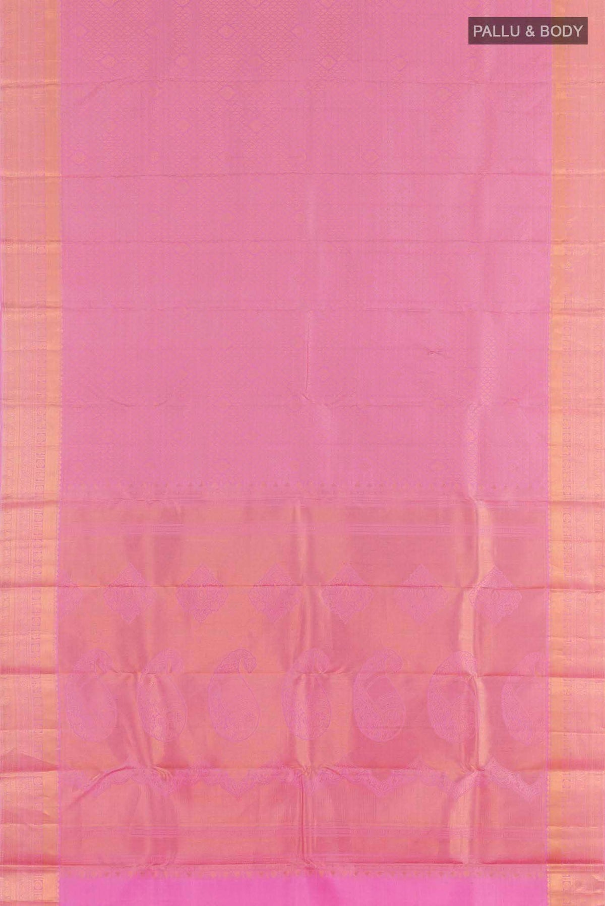 Flat view of Pure Silk Pure Zari Pink Kanchipuram Saree with Zari Brocade on the body and Zari Border