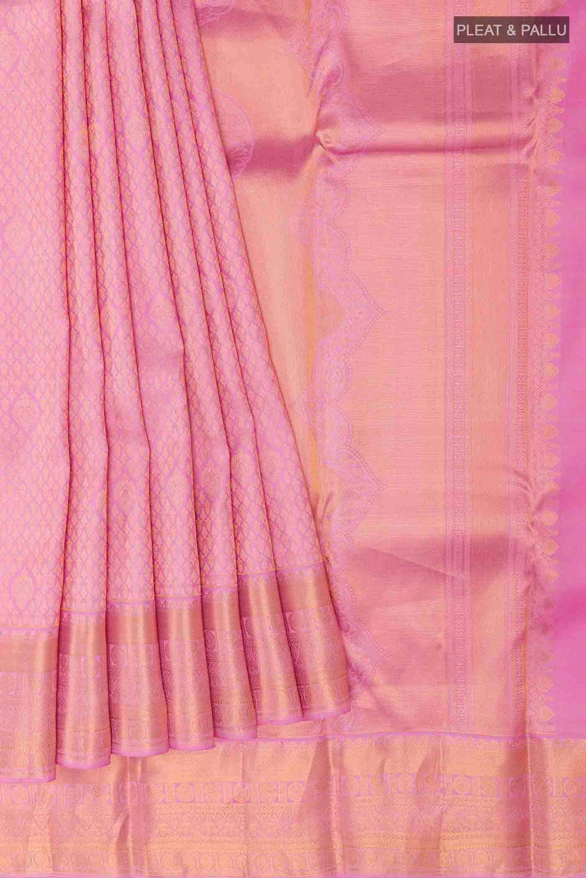Pleats and pallu of Pure Silk Pure Zari Pink Kanchipuram Saree with Zari Brocade on the body and Zari Border