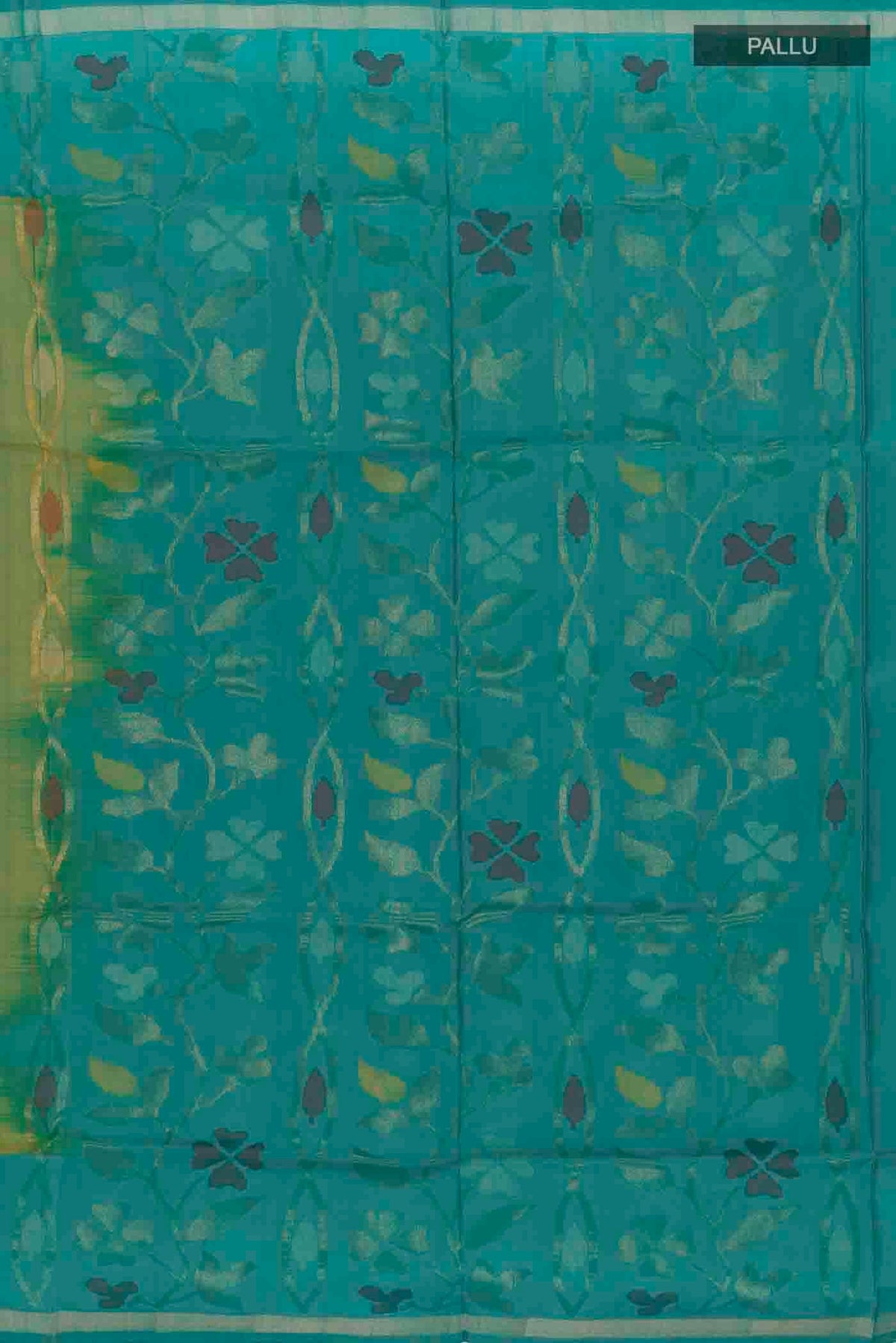 Close up image of the pallu of Green Uppada Silk Saree with Zari Butta on the body and Zari Border