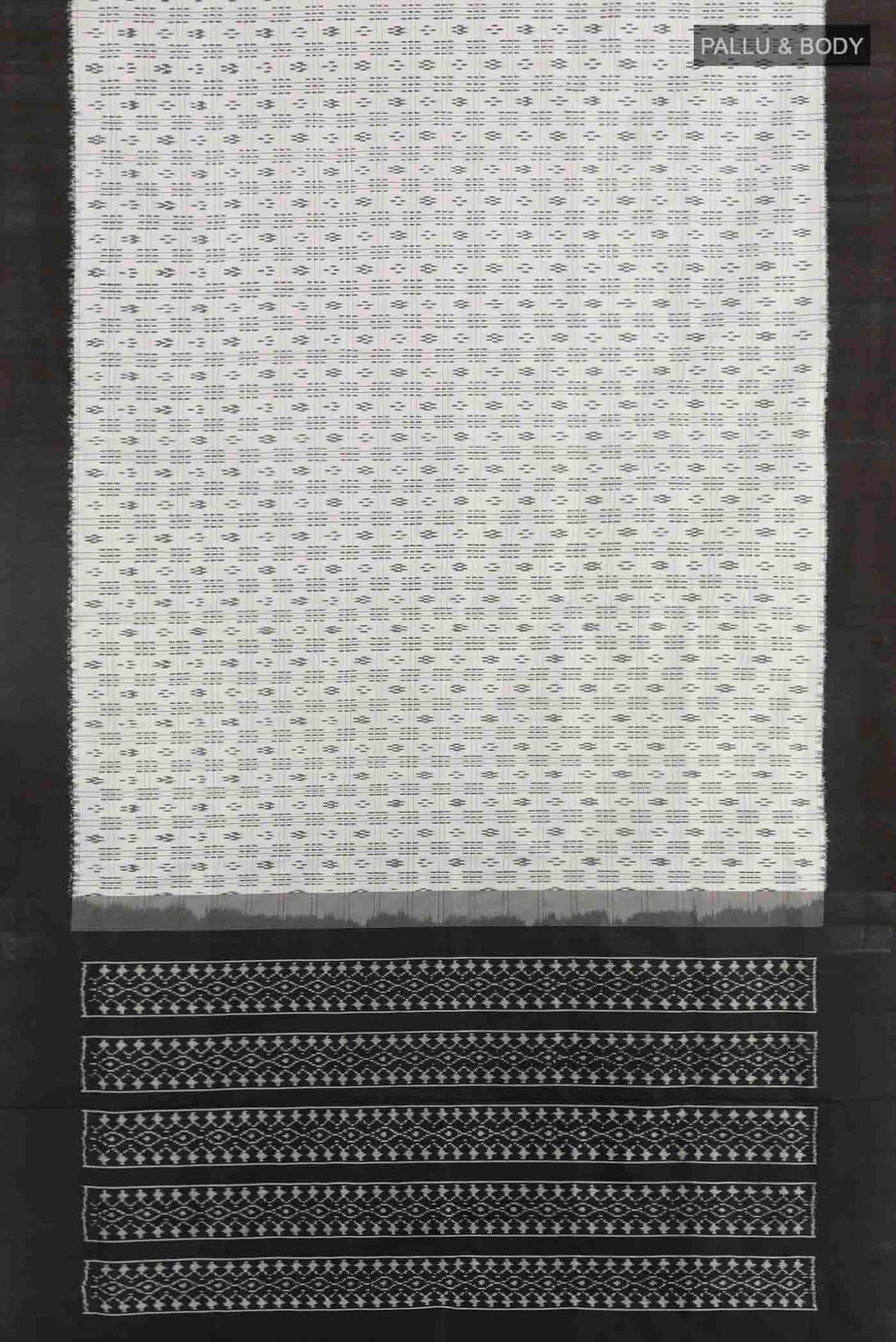 Flat view of White Pochampally Silk Saree with Pure Ikat on the body and Plain Border