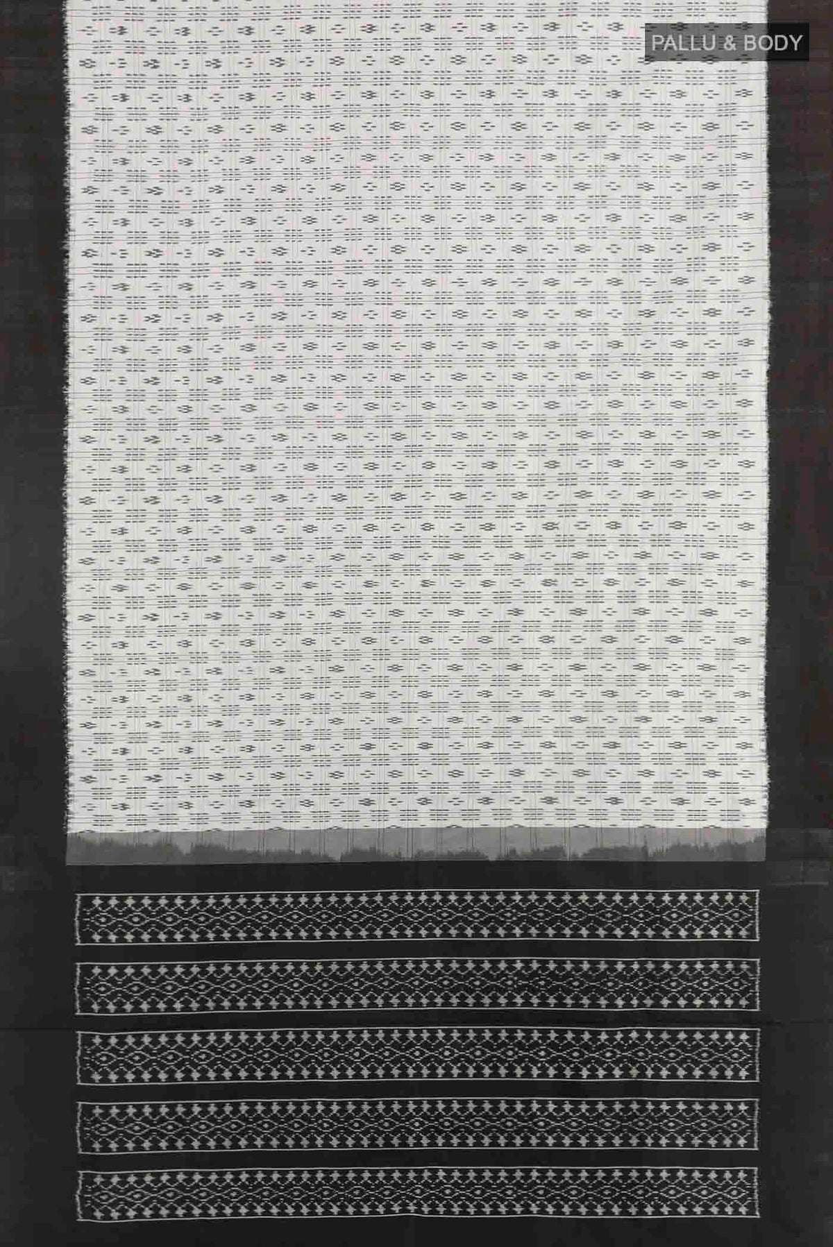 Flat view of White Pochampally Silk Saree with Pure Ikat on the body and Plain Border