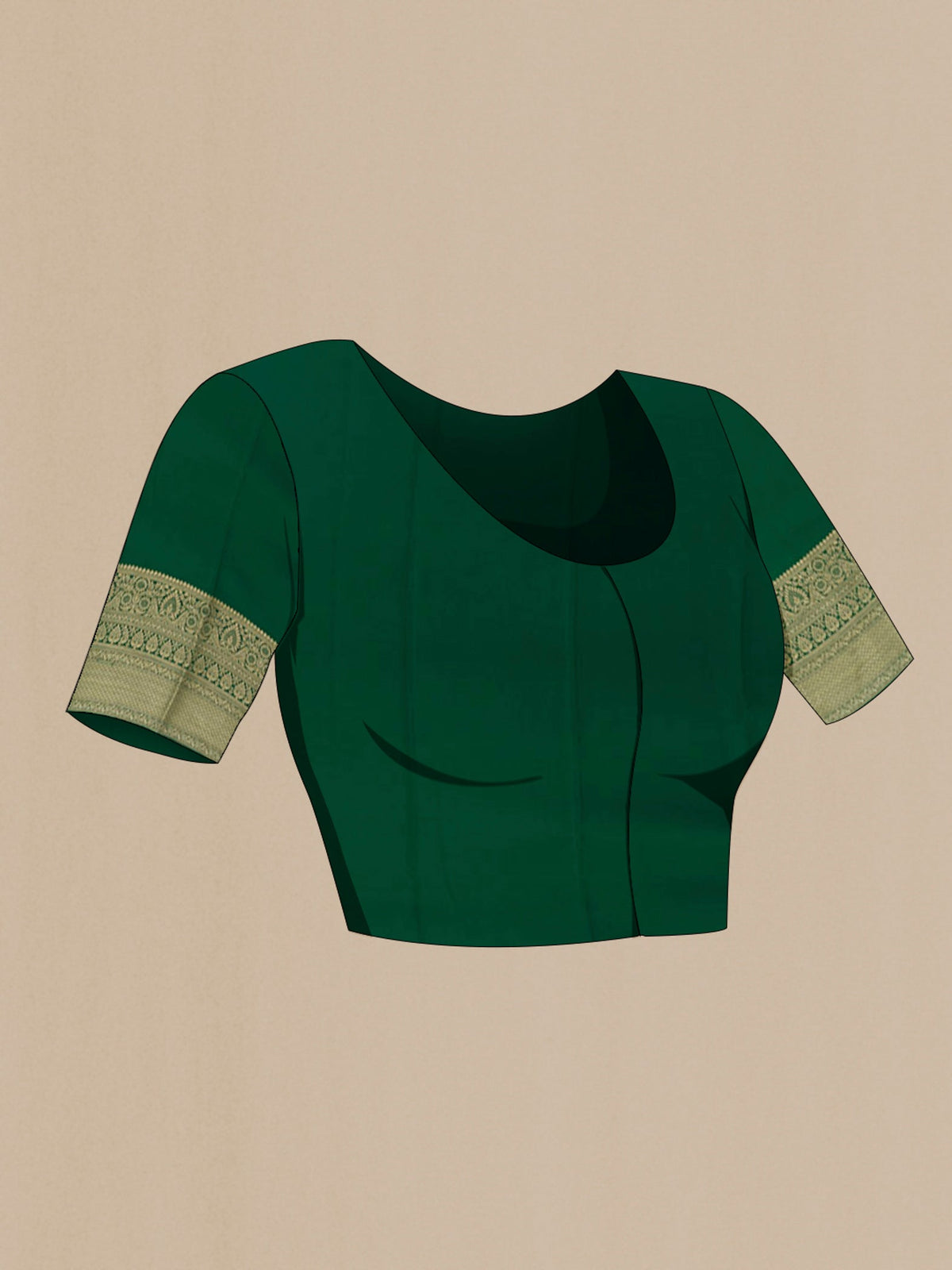 Close up image of the blouse of Green Mysore Crepe Saree with Zari Butta on the body and Zari Border. 