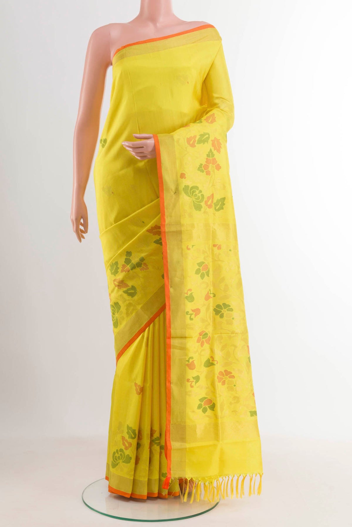Yellow Uppada Silk Saree with Zari Butta on the body and Zari Border displayed on a mannequin