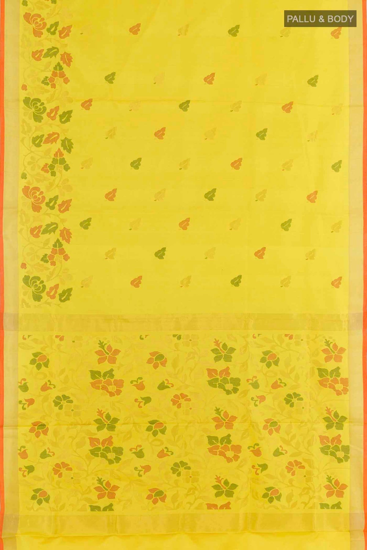 Flat view of Yellow Uppada Silk Saree with Zari Butta on the body and Zari Border