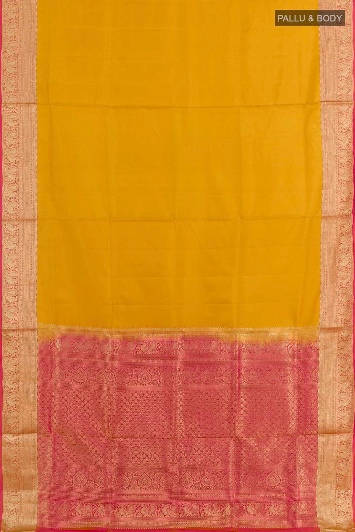 Flat view of Yellow Soft Silk Saree with Plain Body and Zari Border. 