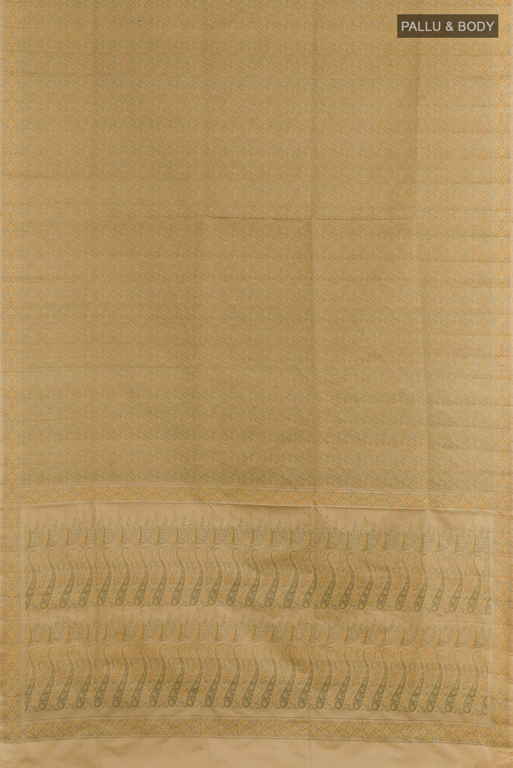 Flat view of Dark Beige Banarasi Tanchoi Silk Saree with Jacquard design on the body and Thread Border. 