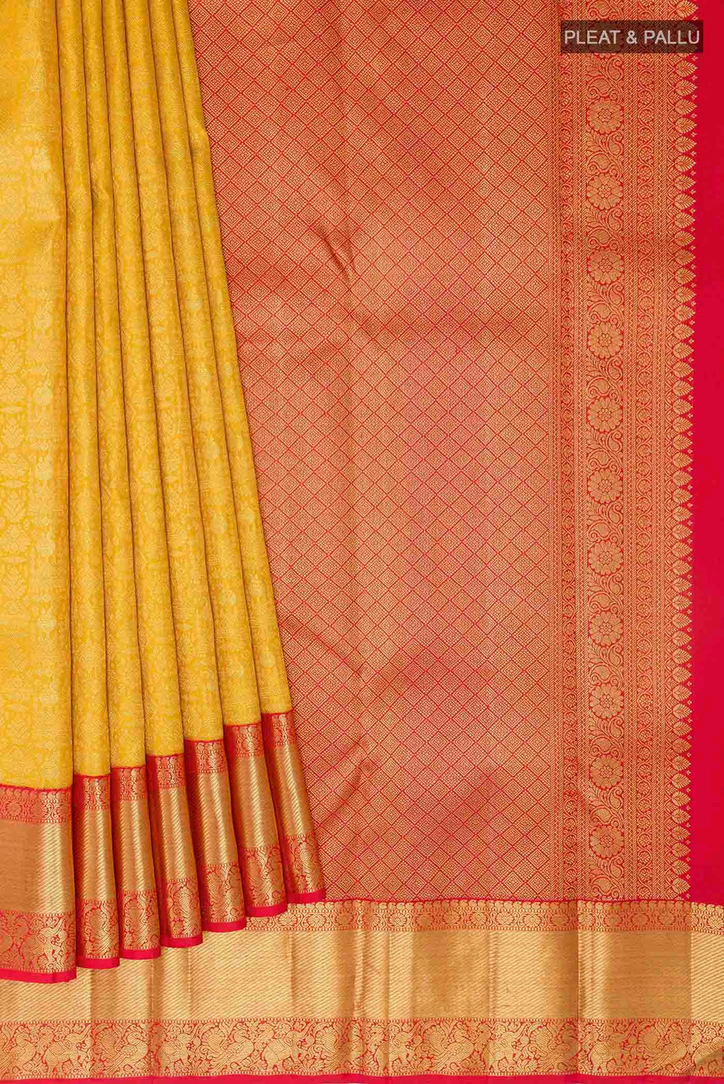 Pleats and pallu of Yellow Dual Tone Kanchipuram Silk Saree with Zari Brocade on the body and Zari Border