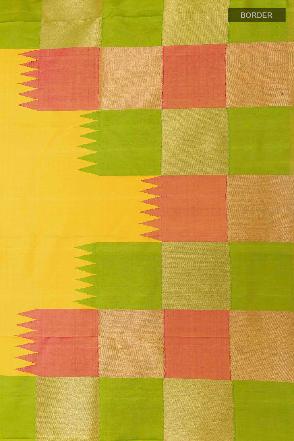 Border image of Yellow Kanchipuram Silk Saree with Plain Body and Rising Temple Border