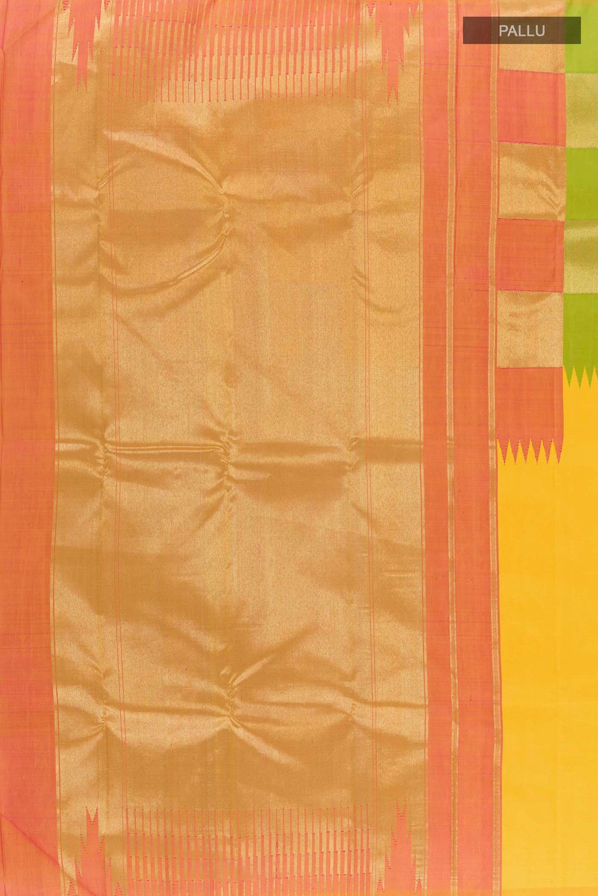 Close up image of the pallu of Yellow Kanchipuram Silk Saree with Plain Body and Rising Temple Border