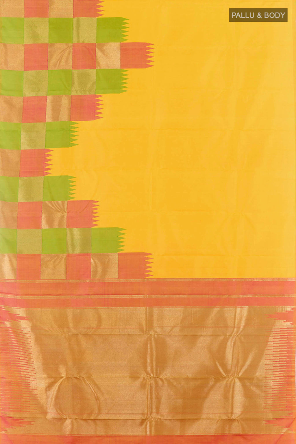 Flat view of Yellow Kanchipuram Silk Saree with Plain Body and Rising Temple Border