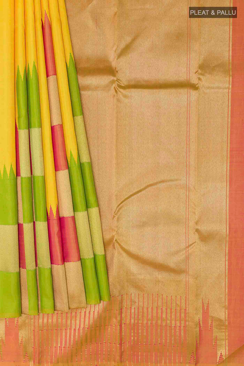 Pleats and pallu of Yellow Kanchipuram Silk Saree with Plain Body and Rising Temple Border