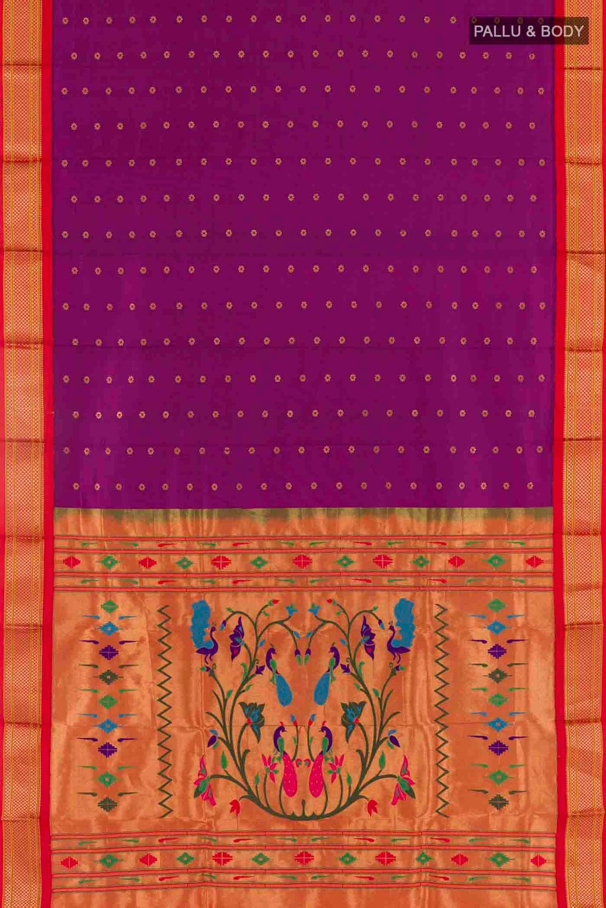 Flat view of Purple Paithani Silk Saree with Zari Butta on the body and Zari Border