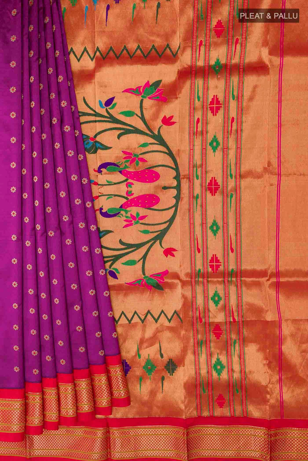 Pleats and pallu of Purple Paithani Silk Saree with Zari Butta on the body and Zari Border