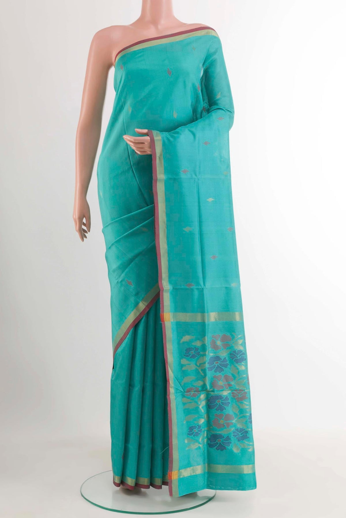 Blue Uppada Silk Saree with Zari Butta on the body and Zari Border displayed on a mannequin