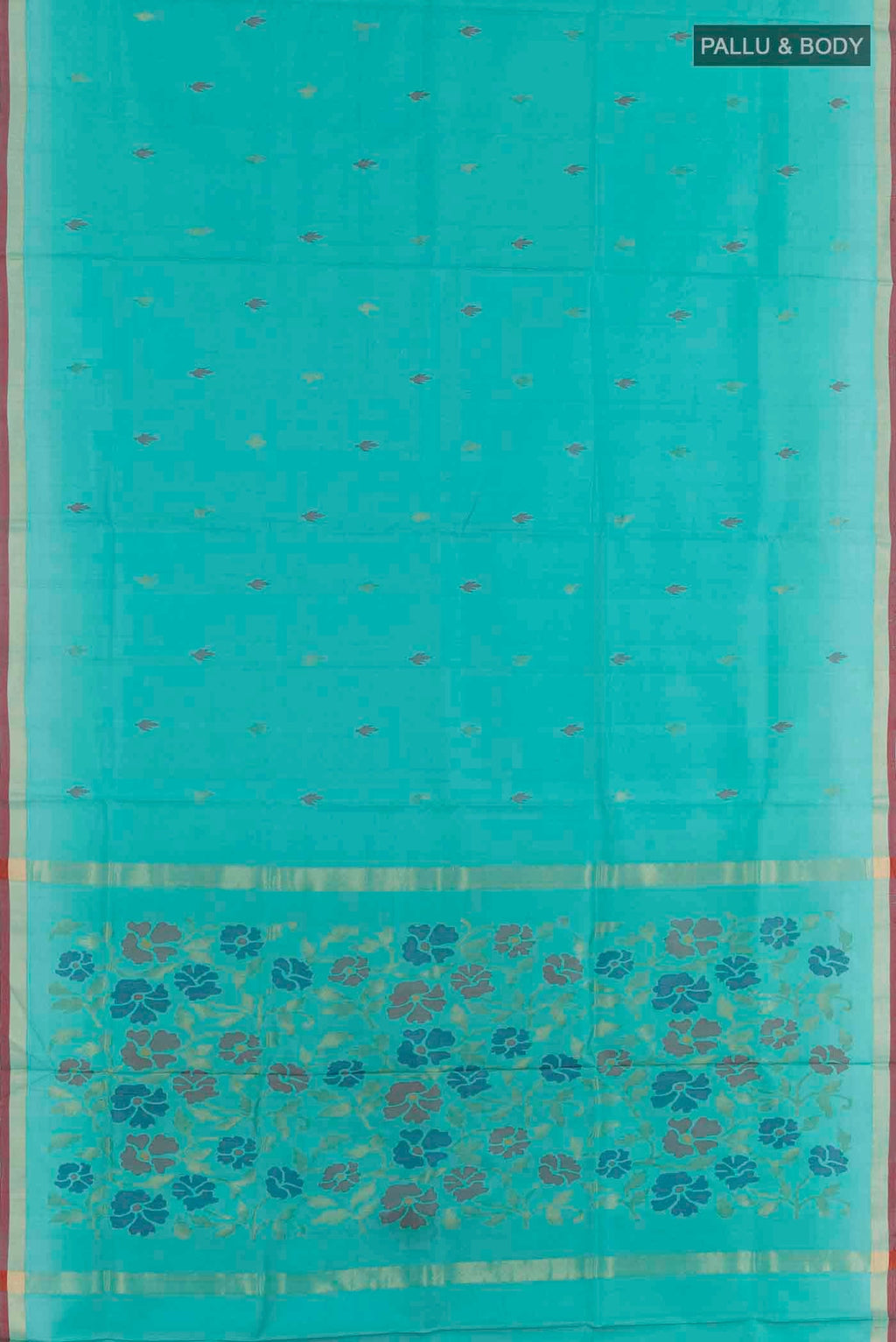 Flat view of Blue Uppada Silk Saree with Zari Butta on the body and Zari Border