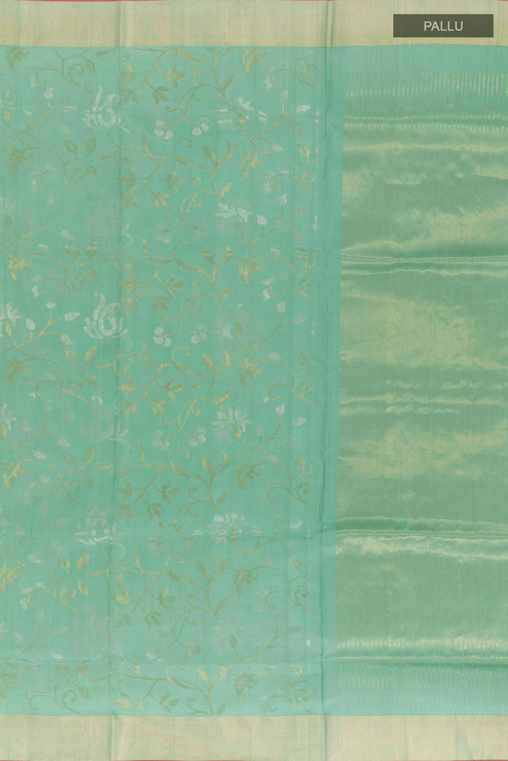 Close up image of the pallu of Pure Silk Pure Zari Sage Green Uppada Saree with Zari Brocade on the body and Zari Border
