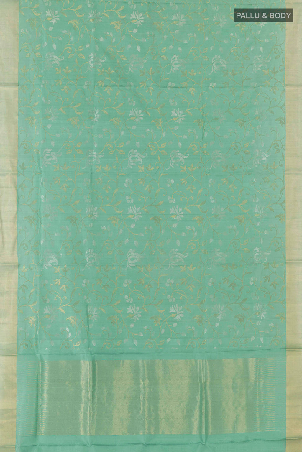 Flat view of Pure Silk Pure Zari Sage Green Uppada Saree with Zari Brocade on the body and Zari Border
