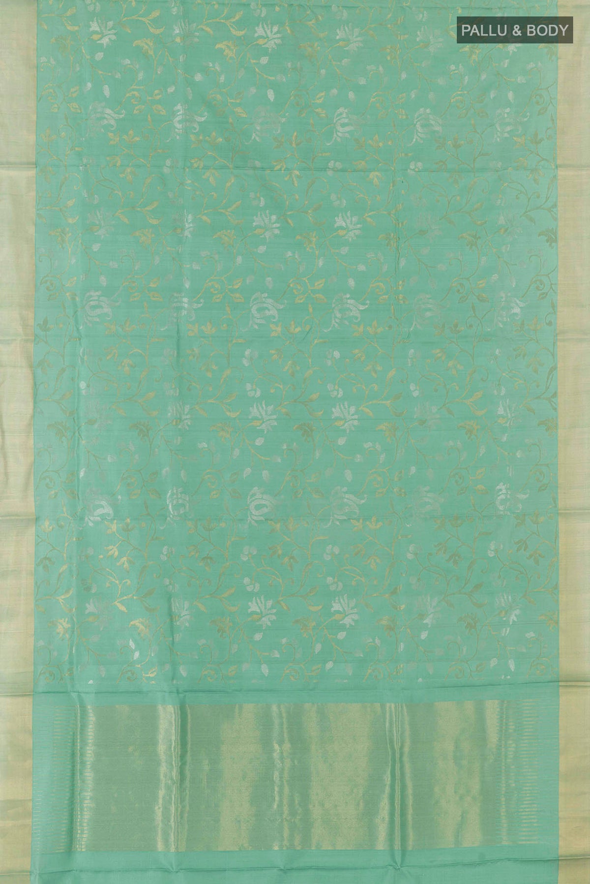 Flat view of Pure Silk Pure Zari Sage Green Uppada Saree with Zari Brocade on the body and Zari Border