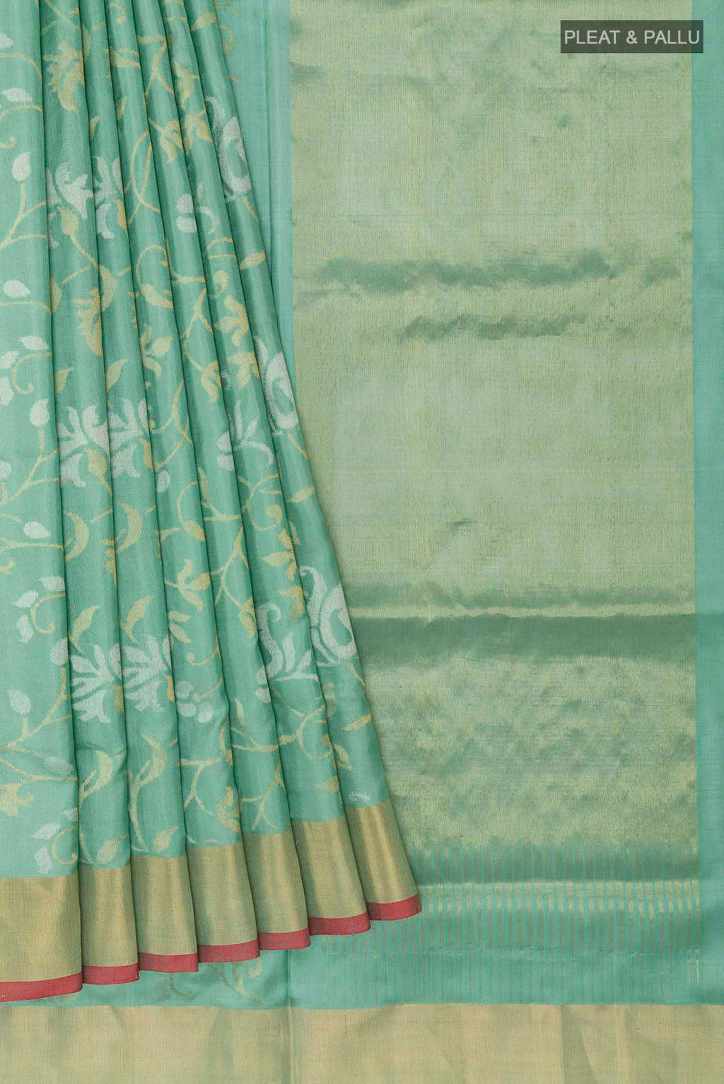 Pleats and pallu of Pure Silk Pure Zari Sage Green Uppada Saree with Zari Brocade on the body and Zari Border