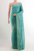 Pure Silk Pure Zari Blue Uppada Saree with Zari Brocade on the body and Zari Border displayed on a mannequin