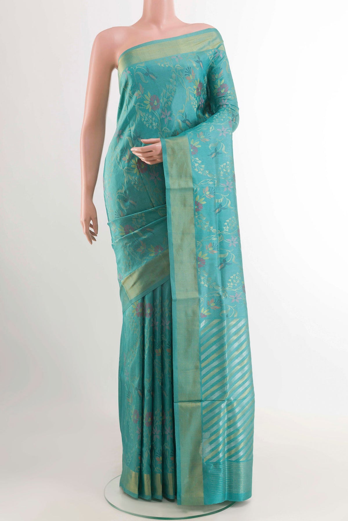 Pure Silk Pure Zari Blue Uppada Saree with Zari Brocade on the body and Zari Border displayed on a mannequin