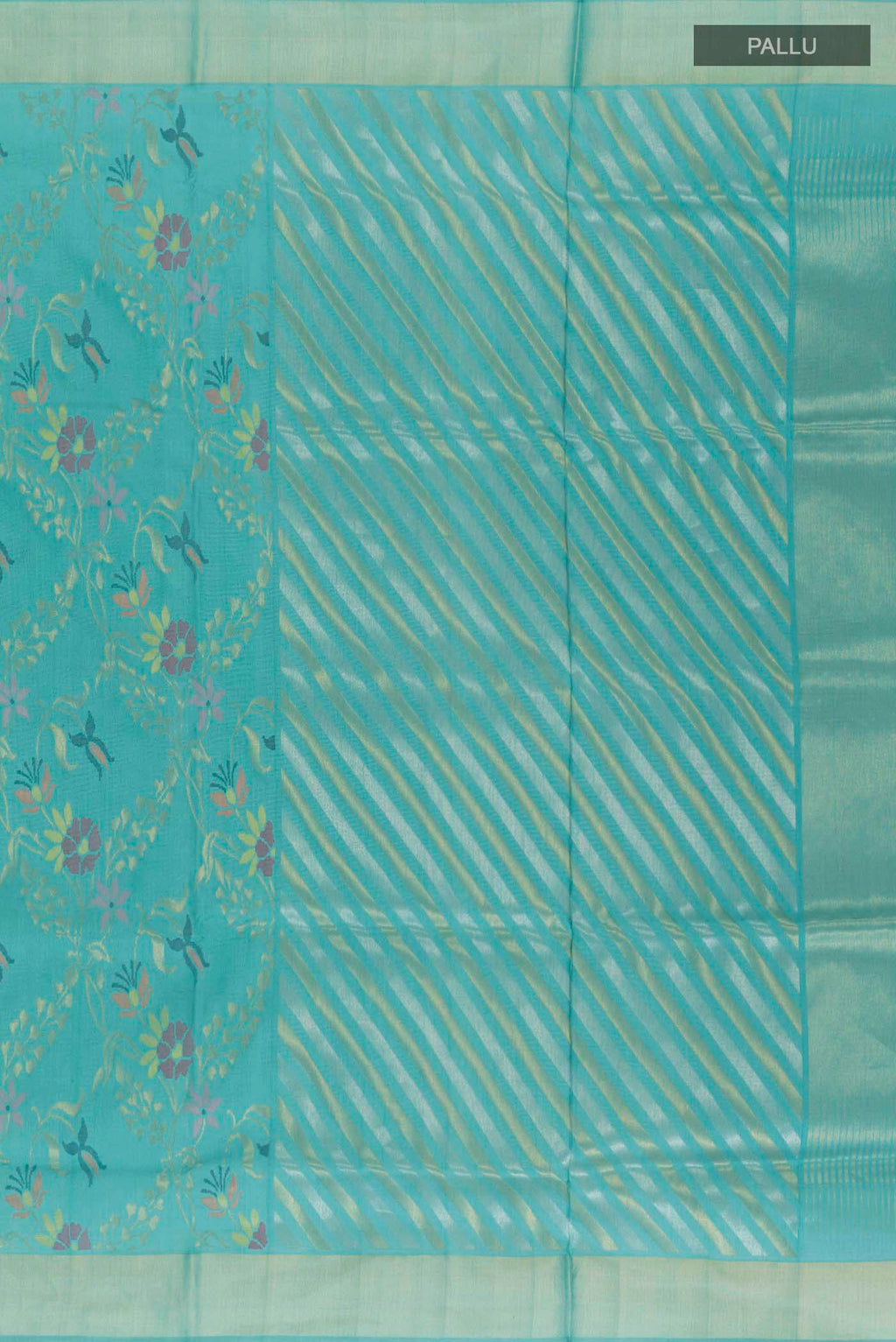 Close up image of the pallu of Pure Silk Pure Zari Blue Uppada Saree with Zari Brocade on the body and Zari Border
