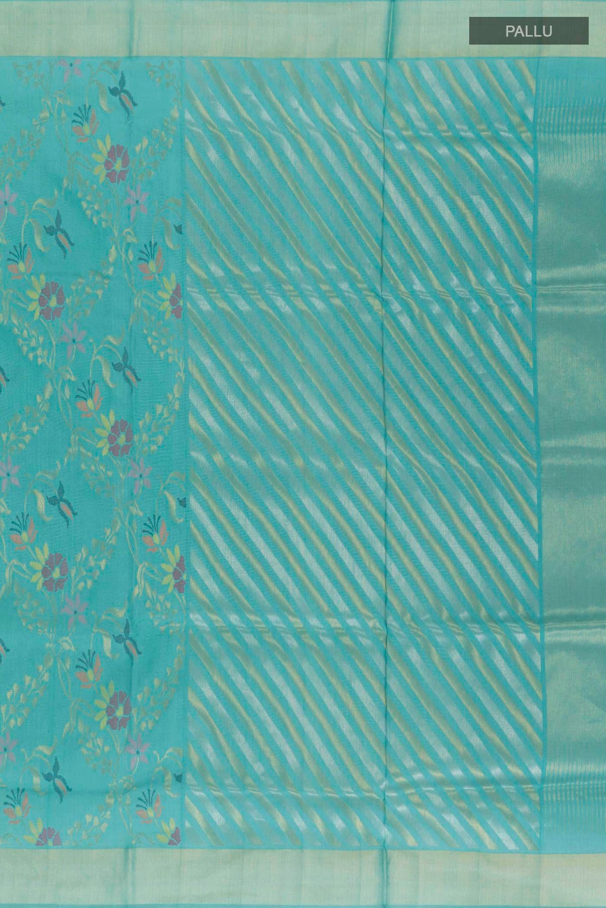 Close up image of the pallu of Pure Silk Pure Zari Blue Uppada Saree with Zari Brocade on the body and Zari Border
